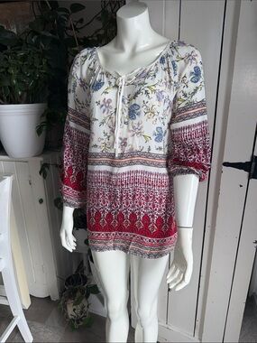 Suzy Shier Boho Floral Tie-Neck Peasant Top l/Mini dress/ swim cover NWOT Rayon